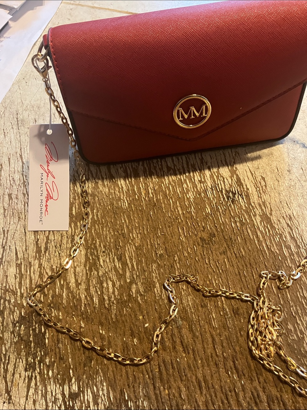 Marilyn Monroe Red Crossbody with Gold Chain and MM Logo